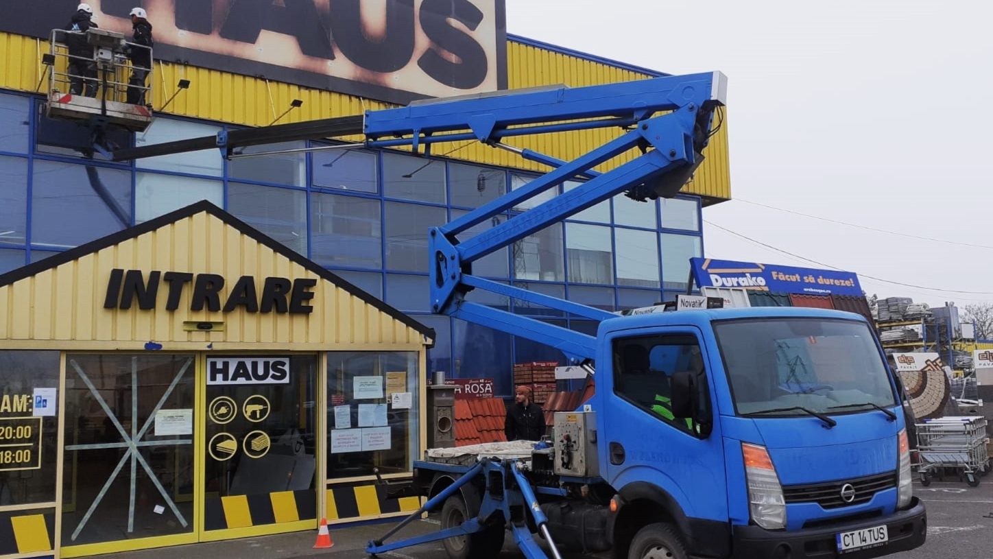 MATHAUS signage posting using boom lift
